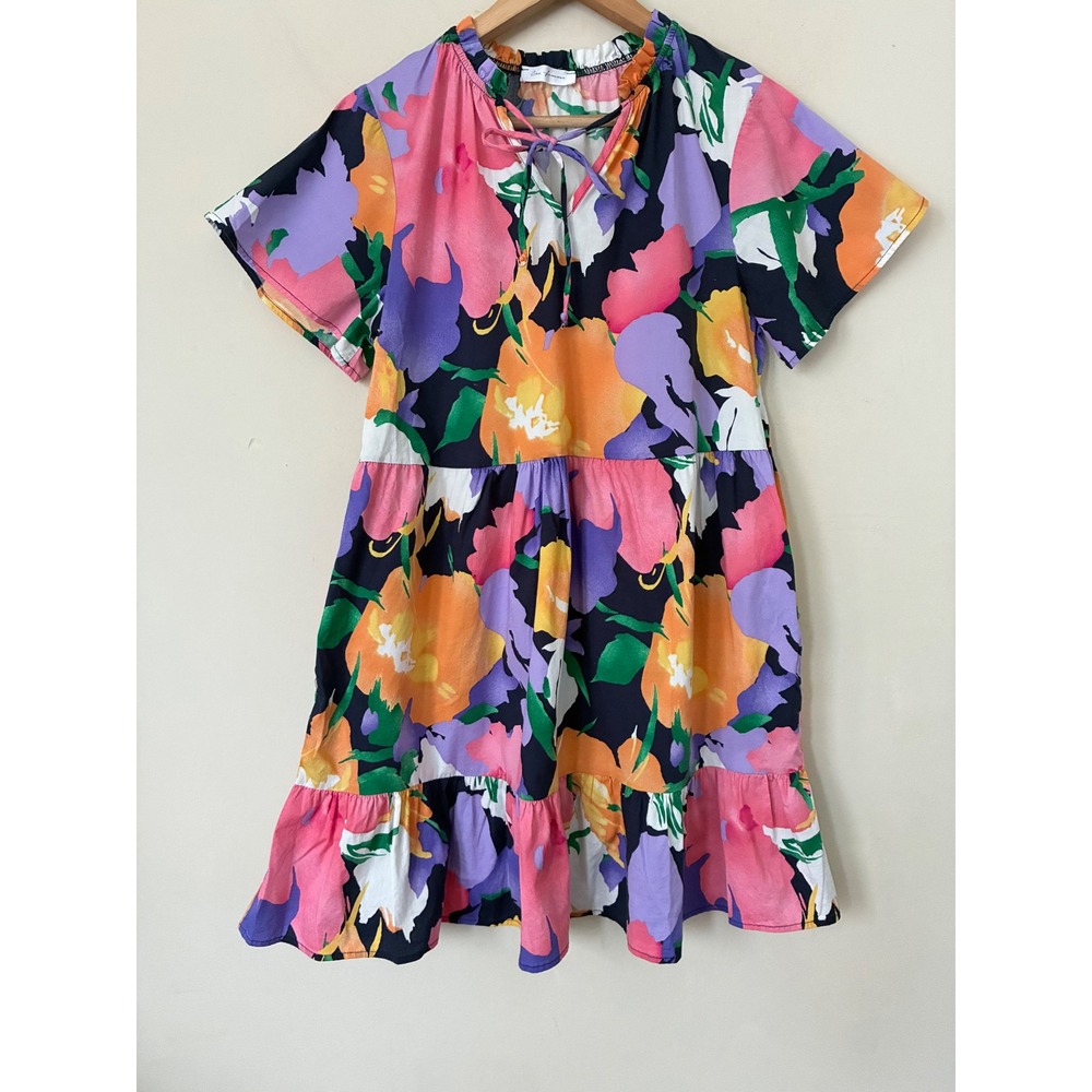Ces Femme Floral Babydoll Dress Multi Color Tiered Mini Pocket Cottagecore Fall